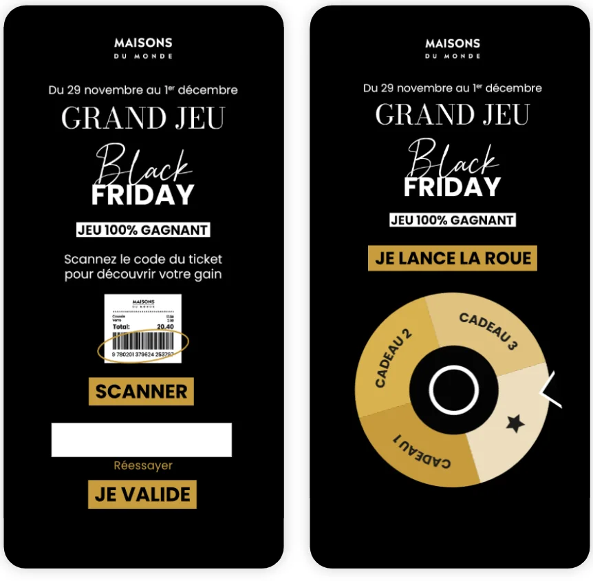 Jeu concours Black Friday organisé par Maisons du Monde, illustrant une campagne marketing gamifiée
